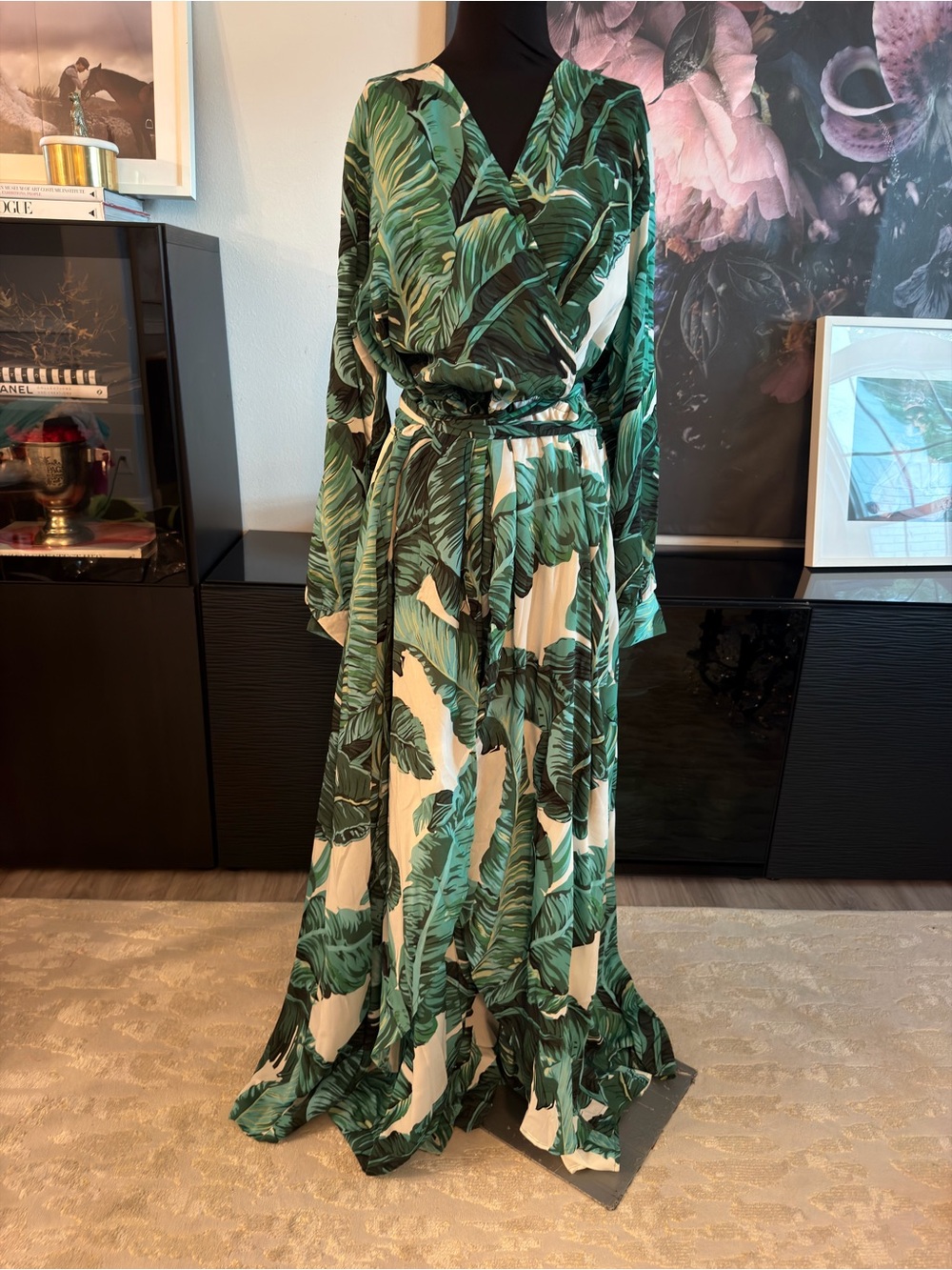 Unique Vintage Green Palm-Print Wrap Maxi Dress
